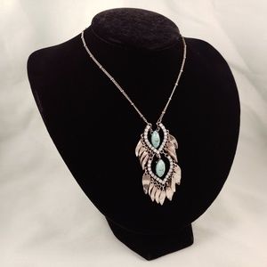 Rhinestone Turquoise Silver Tone Chain Necklace 23"-26" Pendant